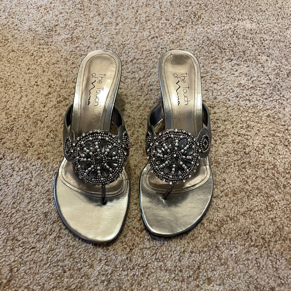 Pewter jeweled wedge sandals size 9